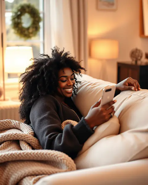 A woman with natural curls smiles at her phone on a cozy sofa in the evening