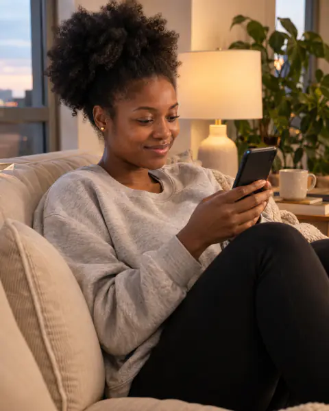 A woman with natural curls smiles at her phone on the sofa in the evening
