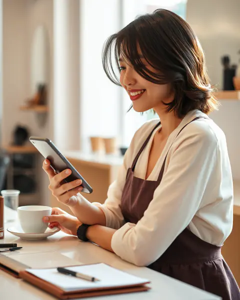 A stylist takes a coffee break at her station and checks her day on her phone
