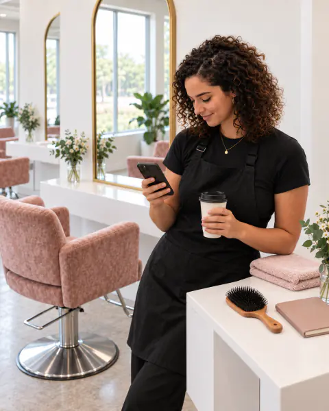 A stylist takes a coffee break at her station and checks her day on her phone