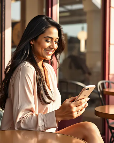 A woman at a sunny cafe table reads a message on her phone with a latte
