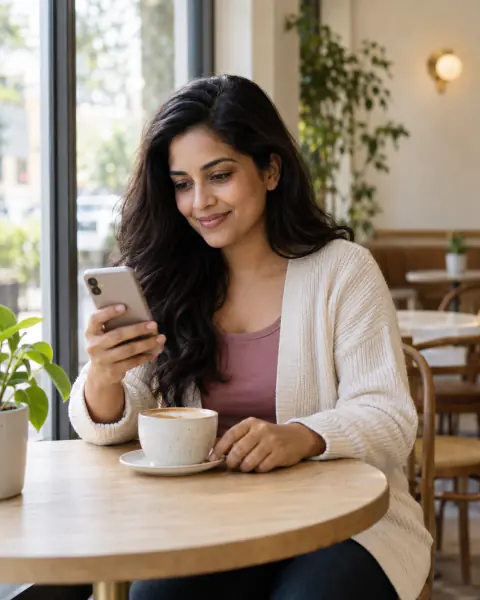 A woman at a coffee shop table reads a message on her phone with a latte