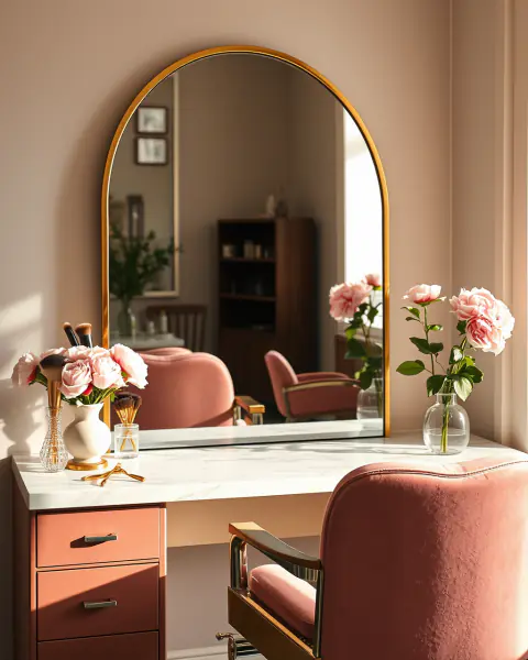 A styling station with an arched gold mirror, a blush velvet chair and peonies