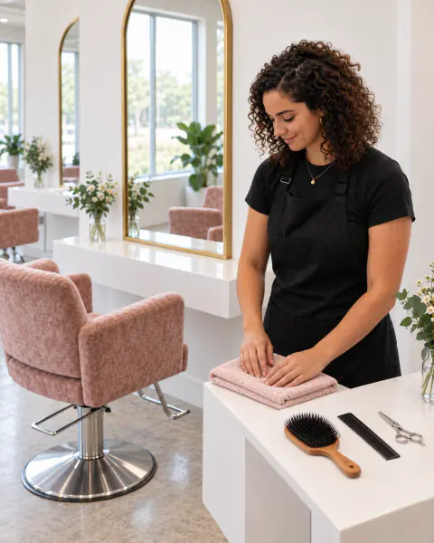 A young stylist folds a towel at a clean white station, with a brush, a comb and shears laid out