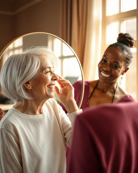 A delighted client admires her new silver bob in the mirror while her stylist smiles behind her