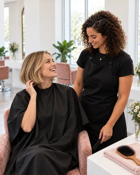 A client smiles at her new bob while her stylist finishes it