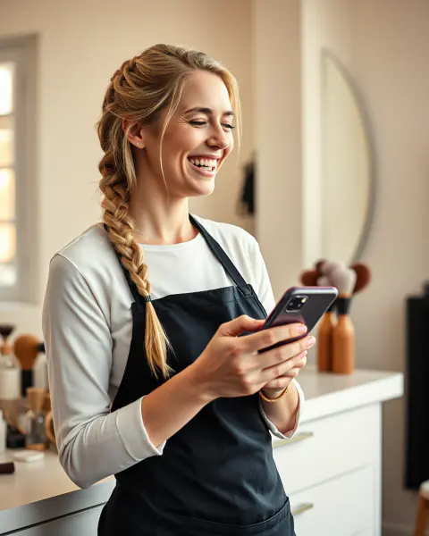 A stylist in a black apron laughs while texting at her station