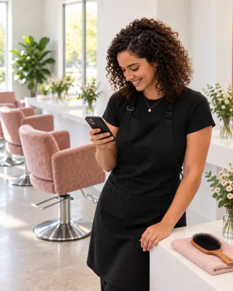 A stylist in a black apron smiles at a text at her station