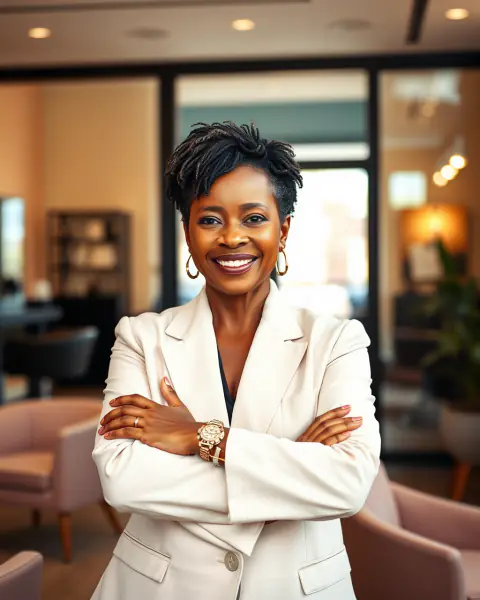 A proud salon owner in a cream blazer stands in the lounge of her salon suites building
