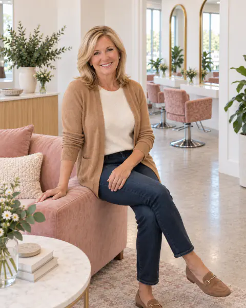 A smiling salon owner in a camel cardigan sits in the lounge of her salon