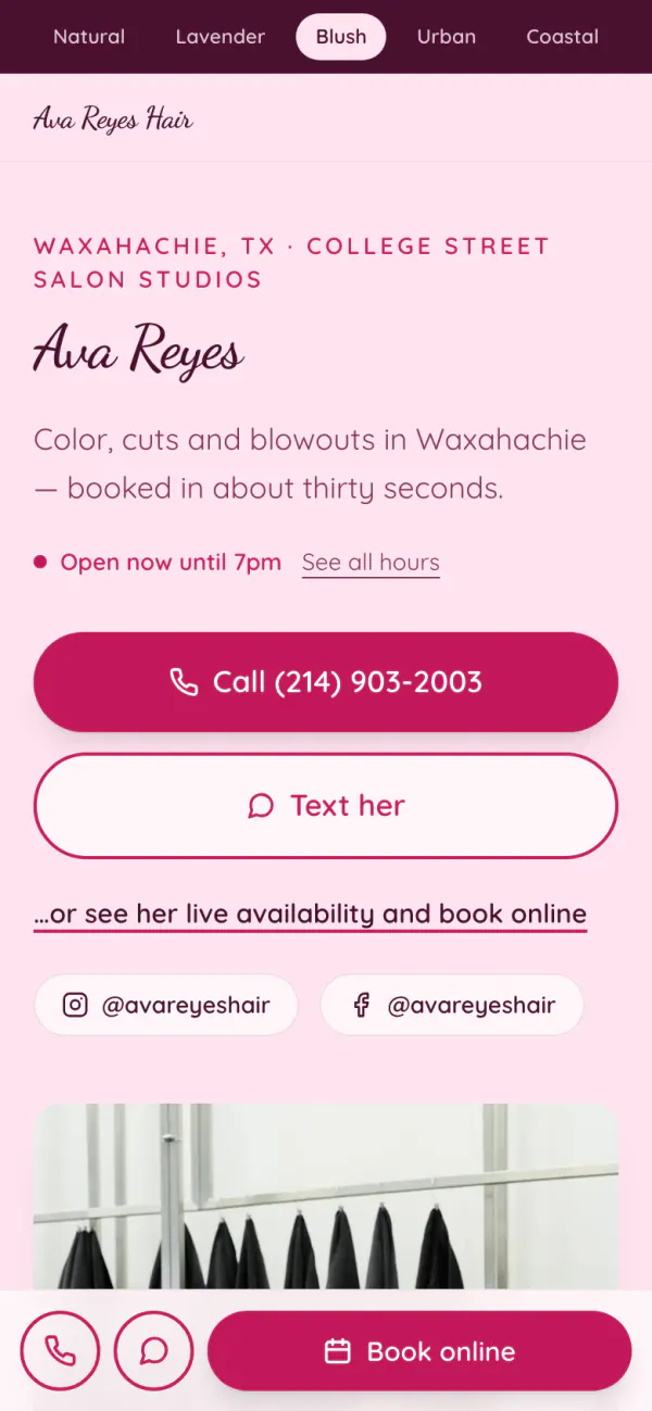 The Ava Reyes site in its pink Blush look