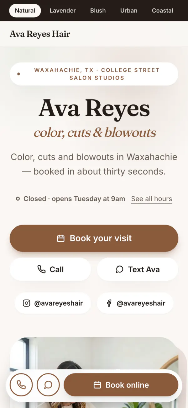 Ava Reyes Hair in its Natural look: her name, Book your visit, Call and Text Ava on the first screen