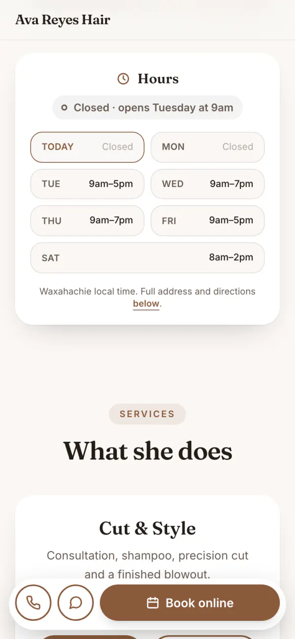Ava's hours card in the Natural look: open or closed right now, and each day's hours