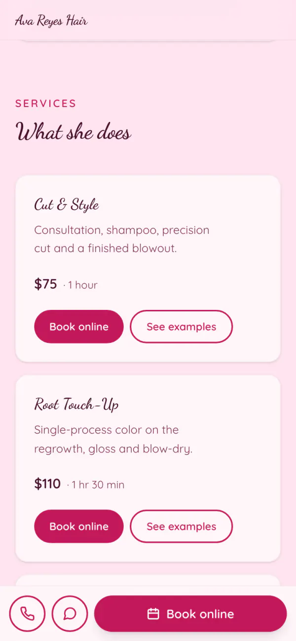 Ava's services in the pink Blush look, each with its price, time and a Book online button