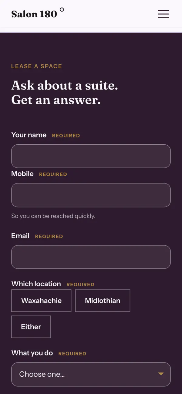 The Salon 180 demo's lease form: Ask about a suite, get an answer