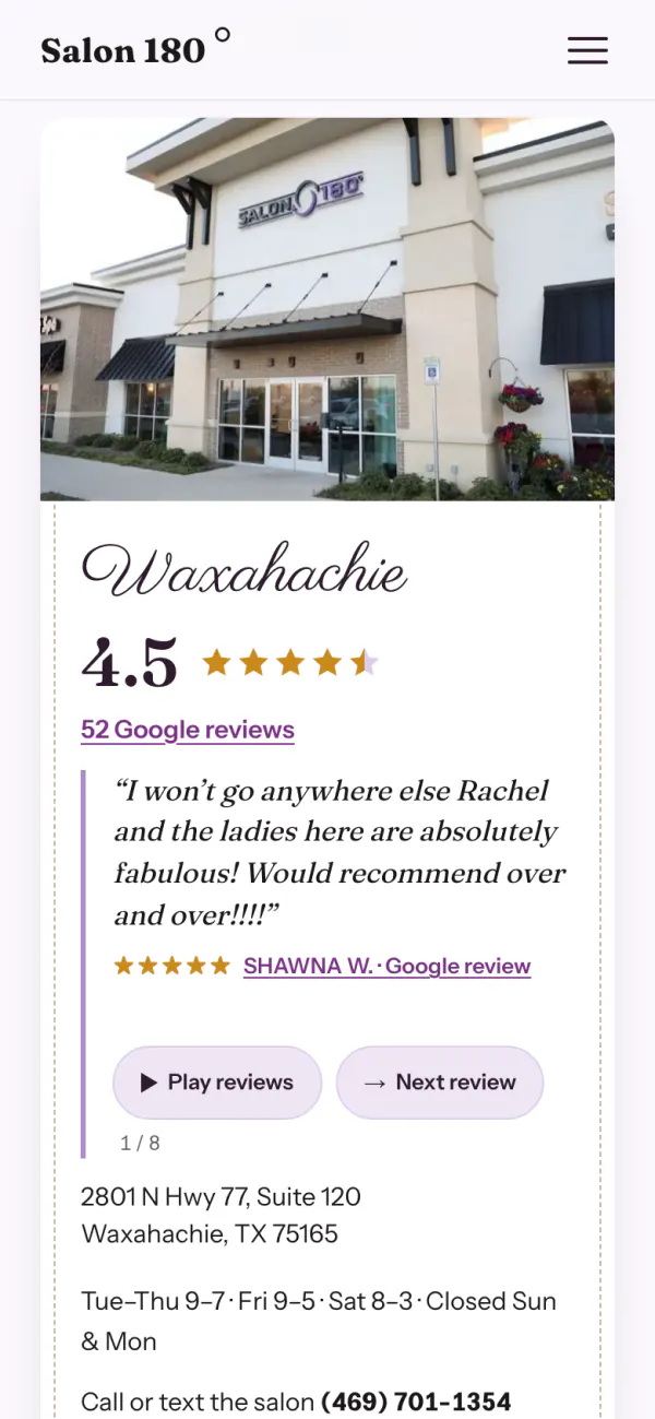 The Salon 180 demo: the Waxahachie storefront with its Google rating, a review and the salon's hours